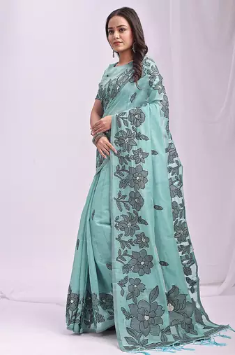 sea green cotton blend floral printed saree
