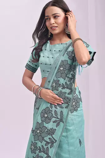 sea green cotton blend floral printed saree