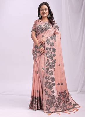 peach cotton blend floral printed saree 1