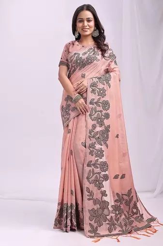 peach cotton blend floral printed saree