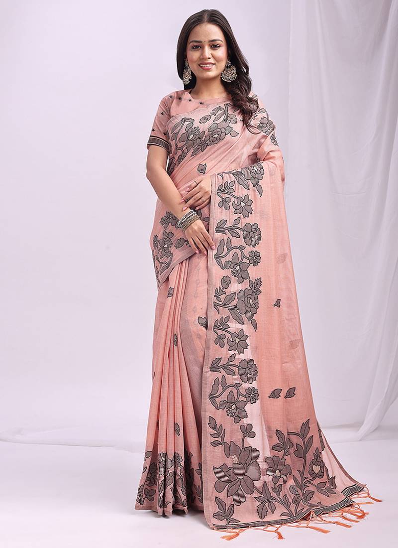 peach cotton blend floral printed saree