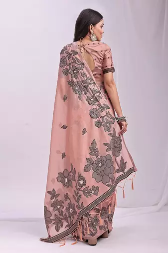 peach cotton blend floral printed saree