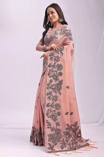 peach cotton blend floral printed saree