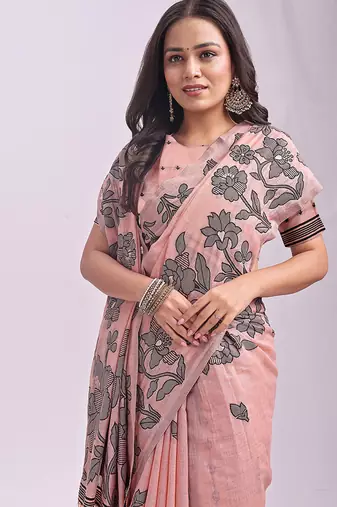 peach cotton blend floral printed saree