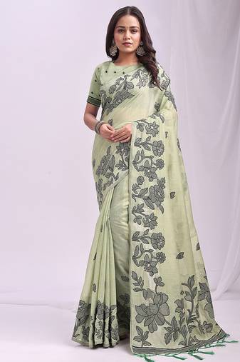 light green cotton blend floral printed saree
