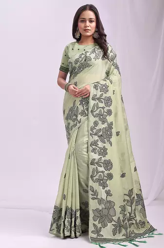 light green cotton blend floral printed saree