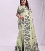 light green cotton blend floral printed saree