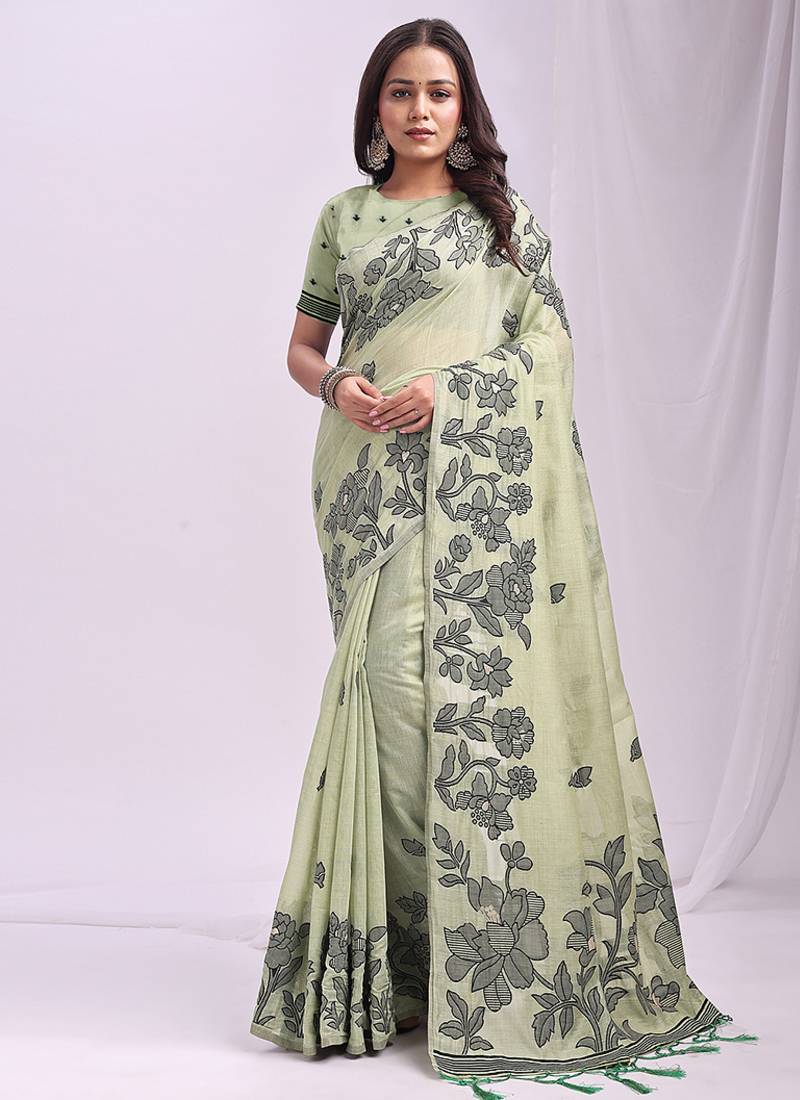 light green cotton blend floral printed saree