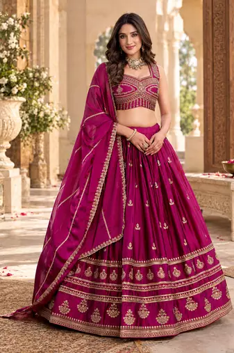 Art Silk Pink Embroidered Lehenga Choli with Dupatta For Women