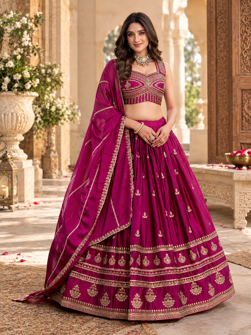 Art Silk Pink Embroidered Lehenga Choli with Dupatta For Women