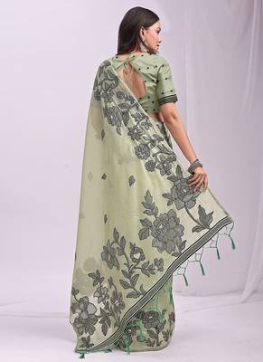 light green cotton blend floral printed saree 2