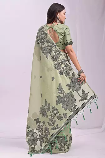 light green cotton blend floral printed saree