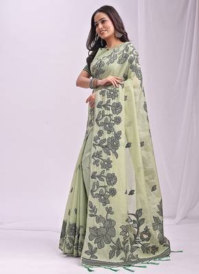 light green cotton blend floral printed saree 3