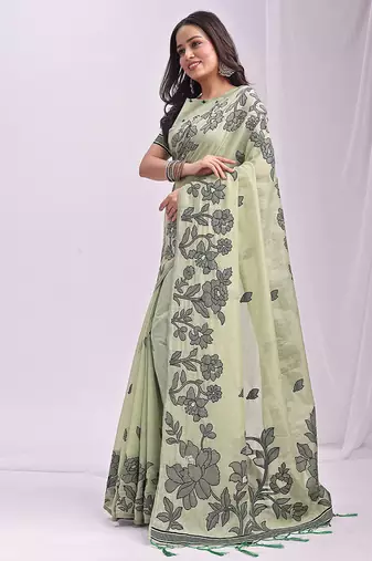 light green cotton blend floral printed saree