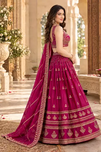 Art Silk Pink Embroidered Lehenga Choli with Dupatta For Women