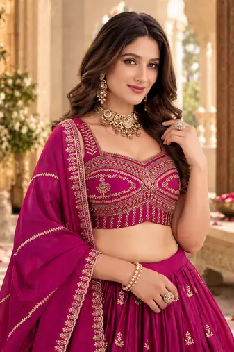 Art Silk Pink Embroidered Lehenga Choli with Dupatta For Women