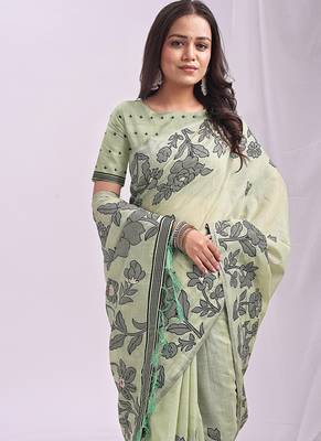 light green cotton blend floral printed saree 4