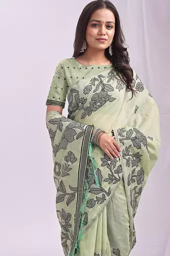 light green cotton blend floral printed saree
