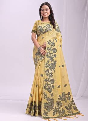 yellow cotton blend floral printed saree 1