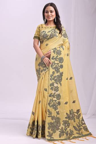 yellow cotton blend floral printed saree