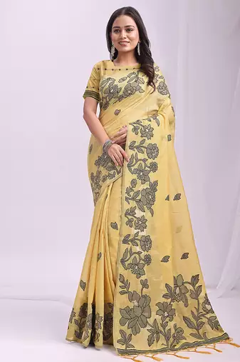 yellow cotton blend floral printed saree