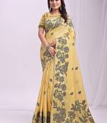 yellow cotton blend floral printed saree