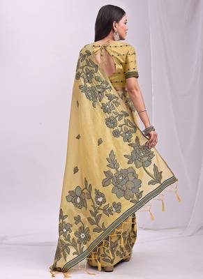 yellow cotton blend floral printed saree 2