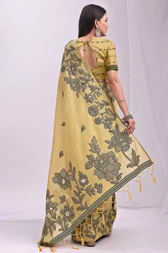 yellow cotton blend floral printed saree