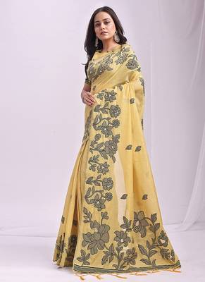 yellow cotton blend floral printed saree 3