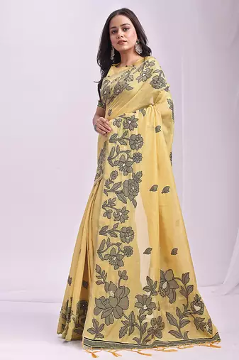 yellow cotton blend floral printed saree