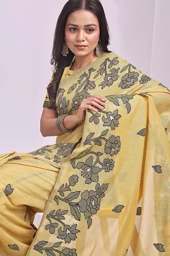yellow cotton blend floral printed saree