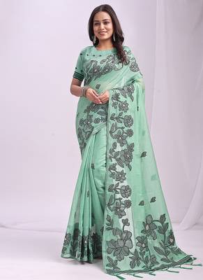 light green cotton blend floral printed saree 1
