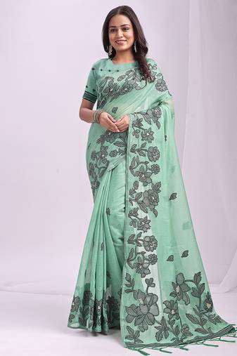 light green cotton blend floral printed saree