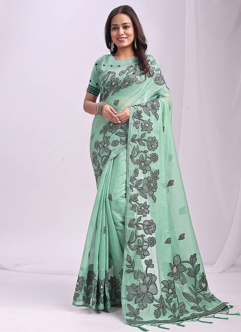 light green cotton blend floral printed saree