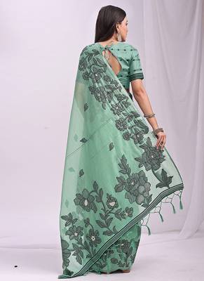 light green cotton blend floral printed saree 2