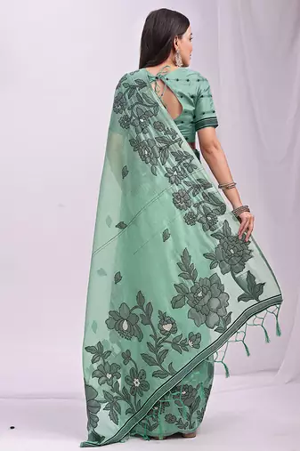 light green cotton blend floral printed saree