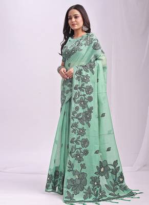 light green cotton blend floral printed saree 3