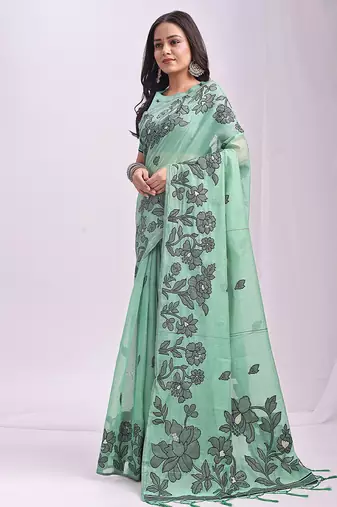 light green cotton blend floral printed saree