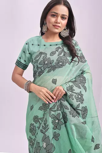 light green cotton blend floral printed saree