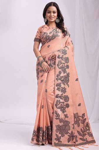peach cotton blend floral printed saree