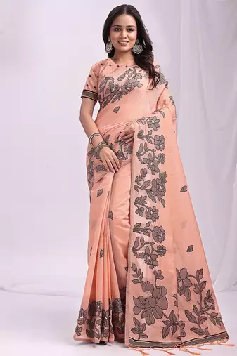 peach cotton blend floral printed saree