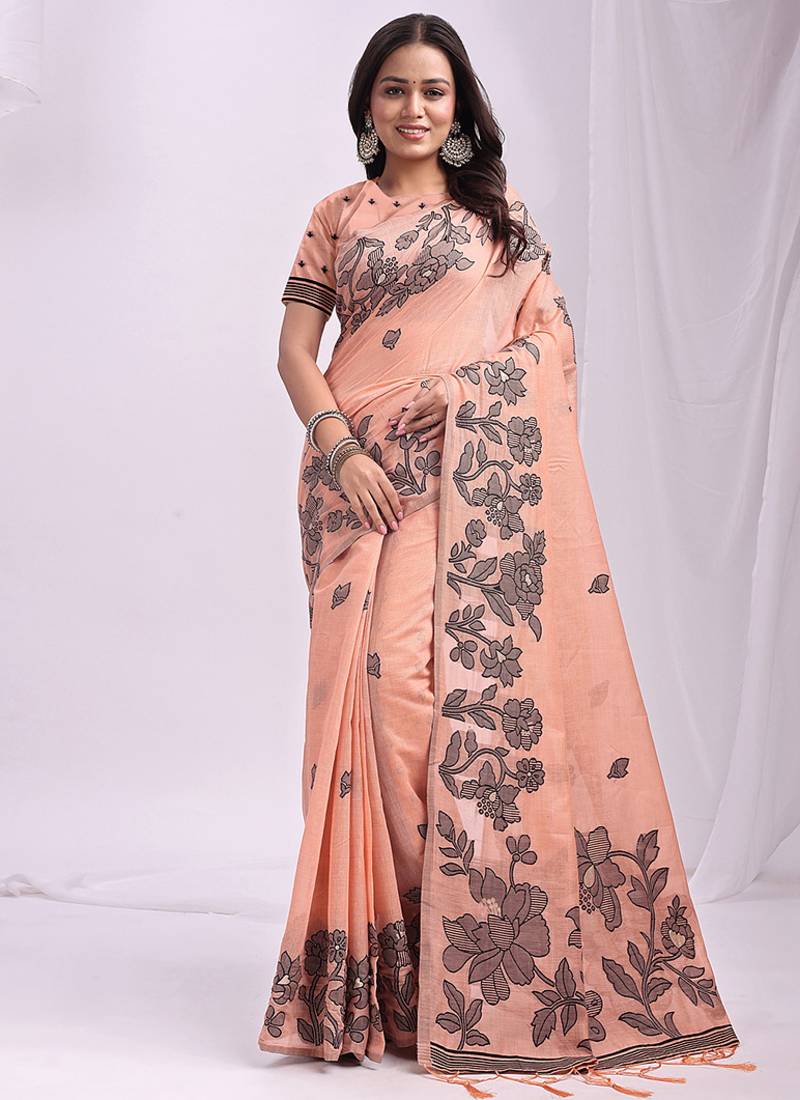 peach cotton blend floral printed saree