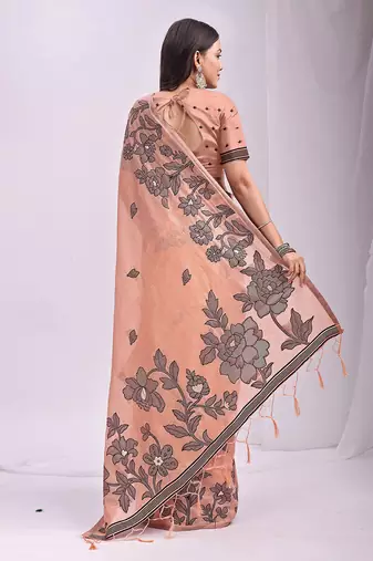 peach cotton blend floral printed saree
