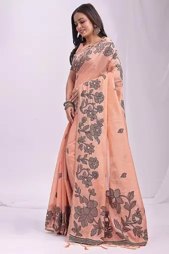 peach cotton blend floral printed saree