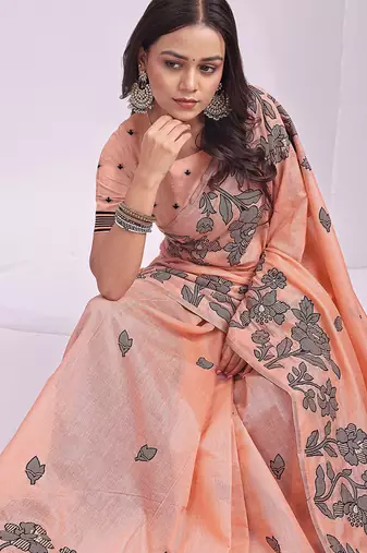 peach cotton blend floral printed saree