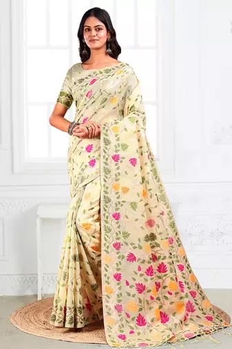 off white cotton blend floral printed saree
