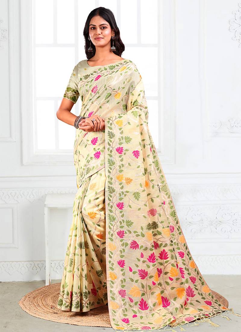 off white cotton blend floral printed saree