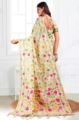 off white cotton blend floral printed saree