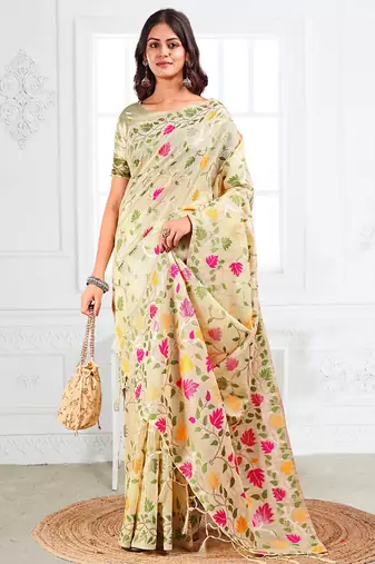 off white cotton blend floral printed saree