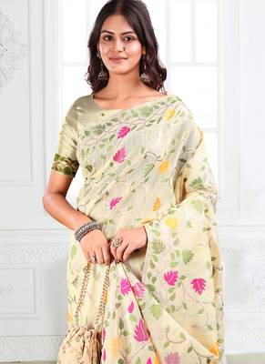 off white cotton blend floral printed saree 4